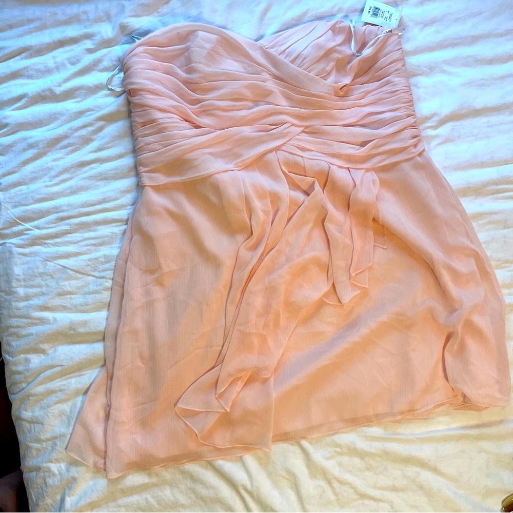 David’s Bridal fit and flare chiffon pink mini dress